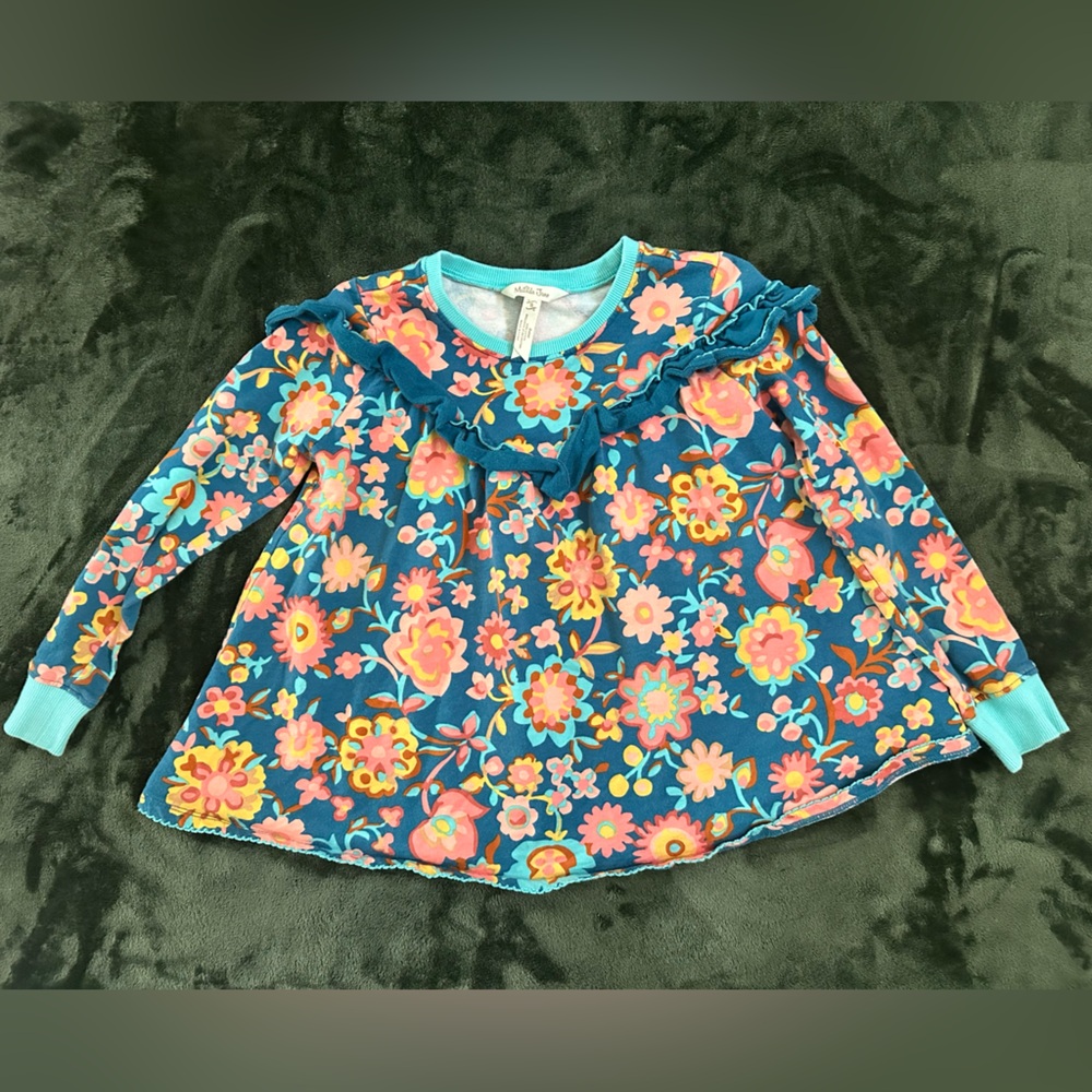 Matilda Jane Teal Floral Ruffled Neck Long Sleeve Top